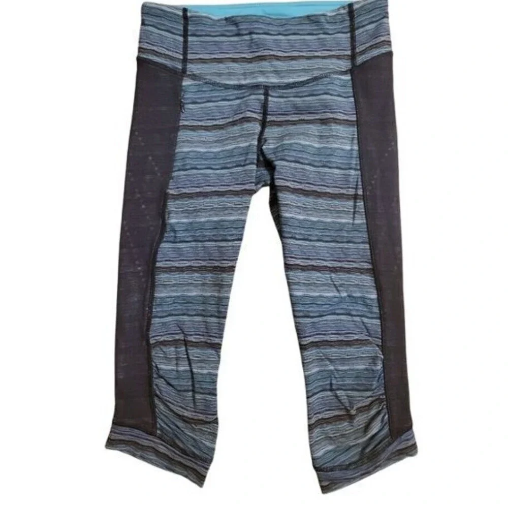 Lululemon Stop At Nothing Crop Stripe Mesh Blue Black‎ Leggings Size 6